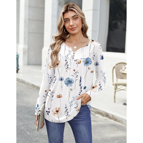Women's Boho Long Sleeve Blouse Casual Fall Winter Shirt with Buttons - Picture 3 of 5